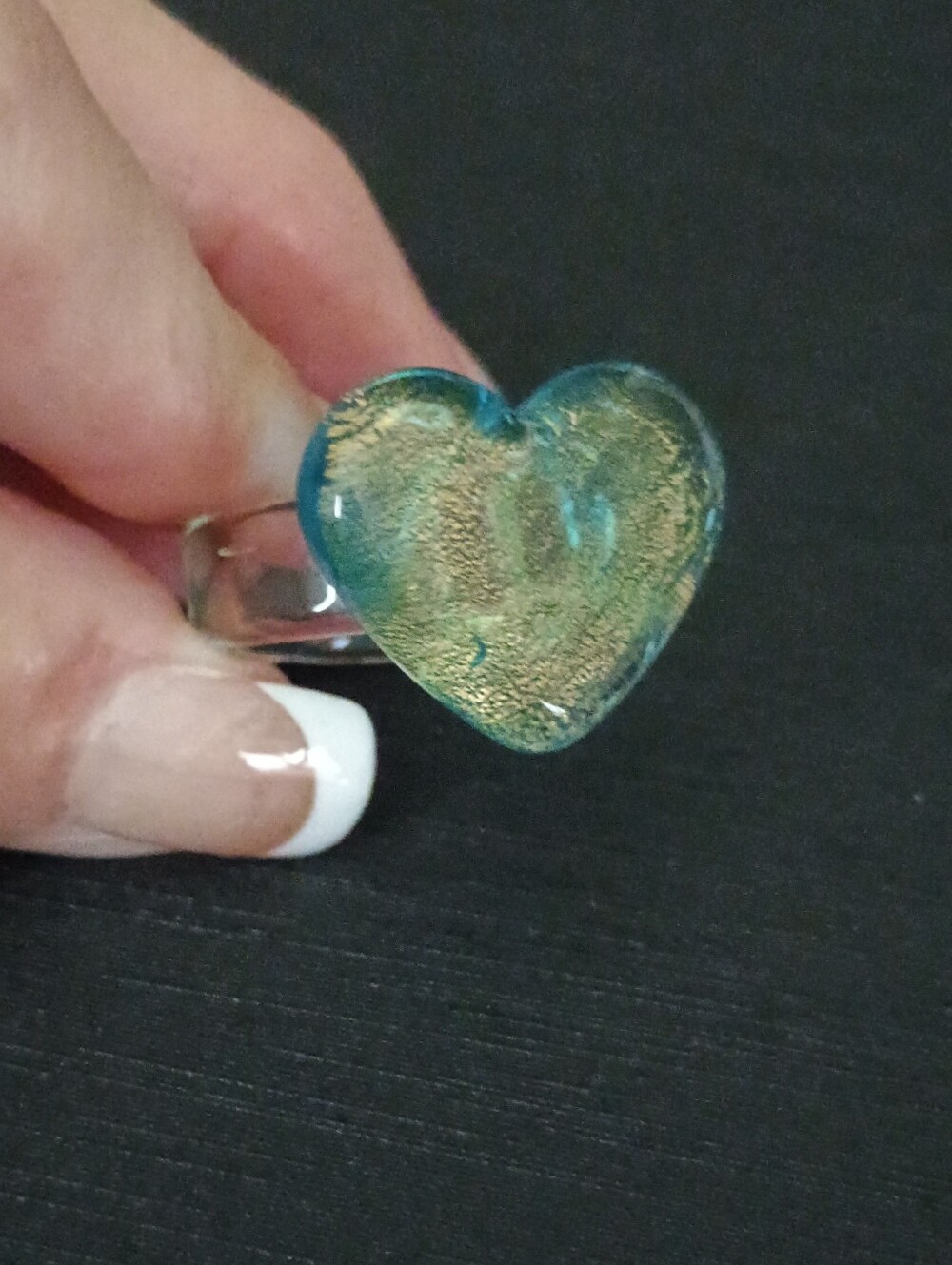 Blue-Green Heart Glass Ring with Shimmering Gold Size 7.5 Accent - Women Jewelry